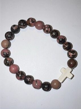 Natural Rhodonite Stone Beaded Bracelet with White Cross Charm